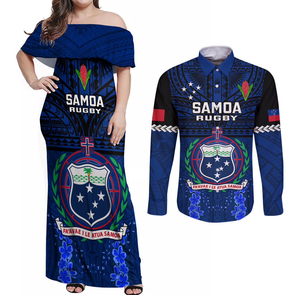 Samoa Rugby Couples Matching Off Shoulder Maxi Dress and Long Sleeve Button Shirts World Cup 2023 Go Champions Manu Samoa - Wonder Print Shop