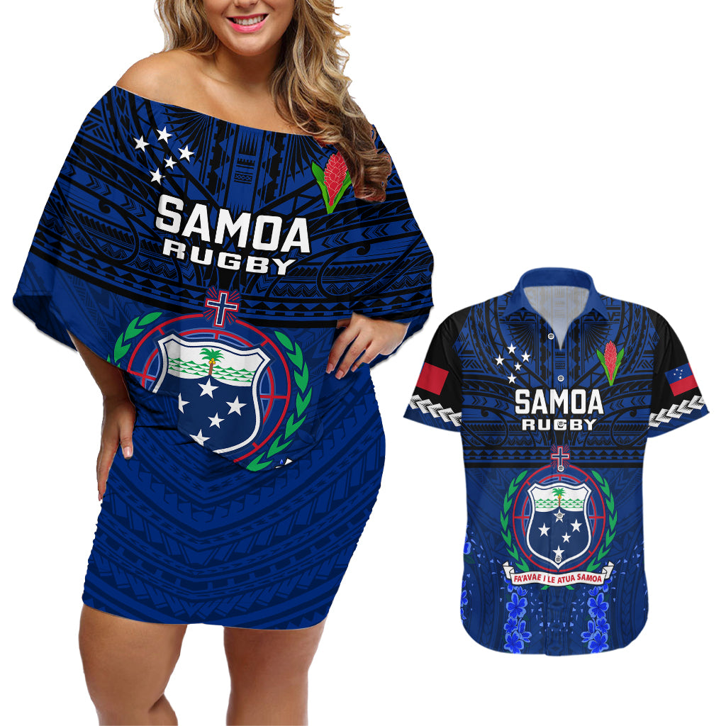 Samoa Rugby Couples Matching Off Shoulder Short Dress and Hawaiian Shirt World Cup 2023 Go Champions Manu Samoa - Wonder Print Shop