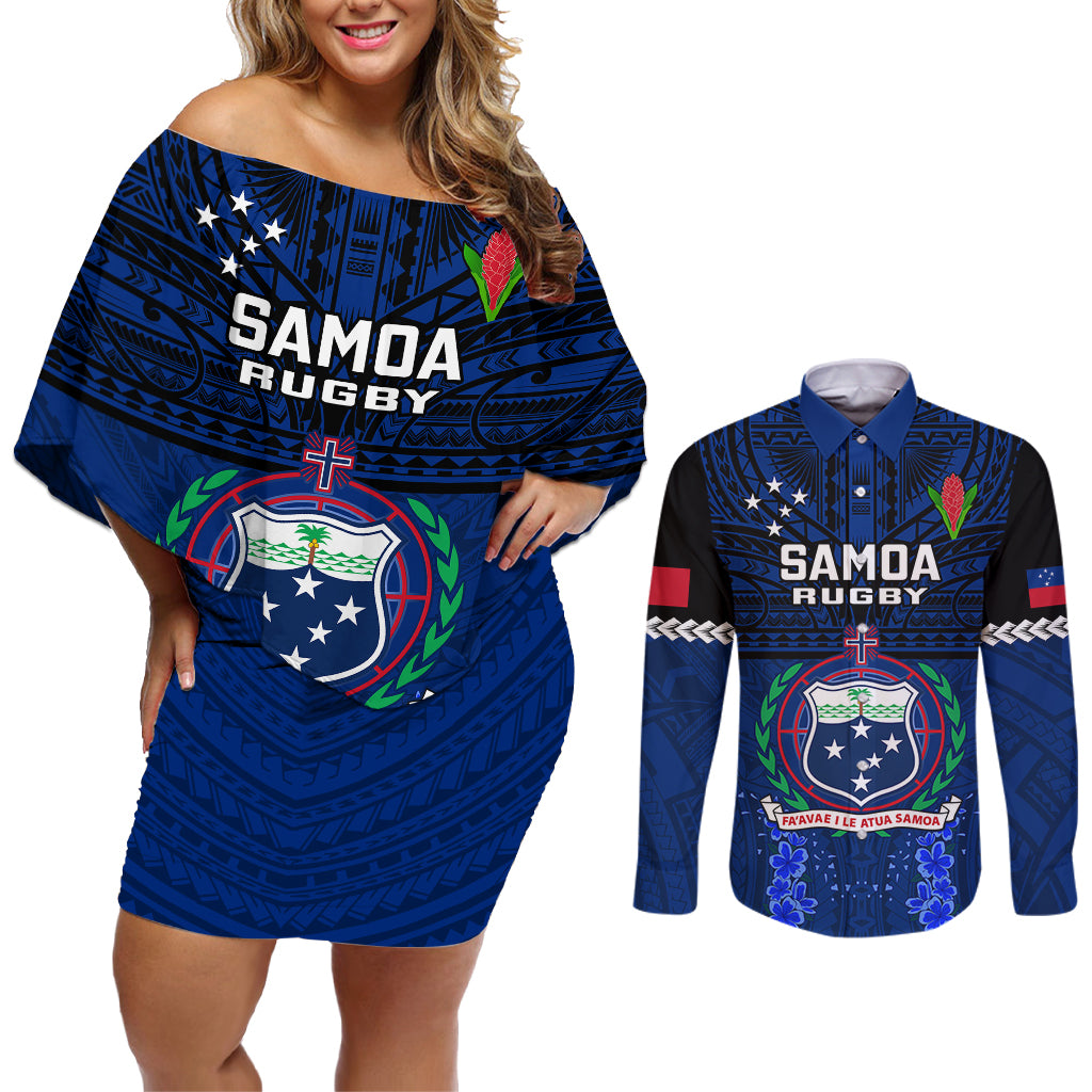 Samoa Rugby Couples Matching Off Shoulder Short Dress and Long Sleeve Button Shirts World Cup 2023 Go Champions Manu Samoa - Wonder Print Shop