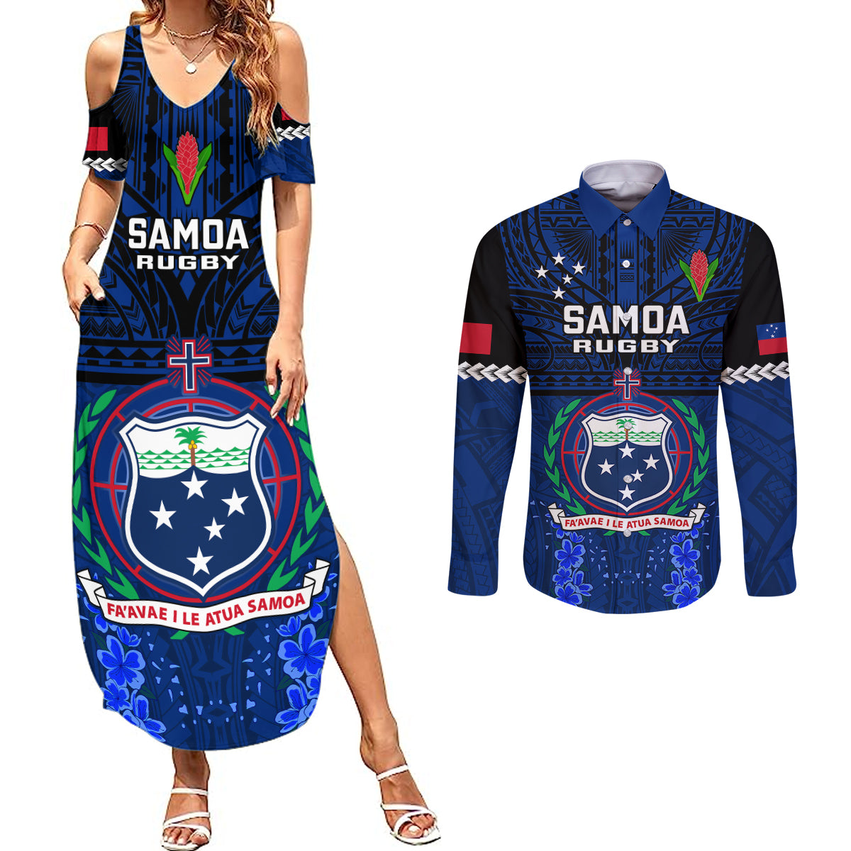 Samoa Rugby Couples Matching Summer Maxi Dress and Long Sleeve Button Shirts World Cup 2023 Go Champions Manu Samoa - Wonder Print Shop