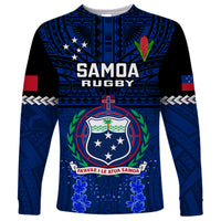 Blue Samoa rugby long-sleeve shirt with Manu Samoa crest, cross, and red sleeve patches