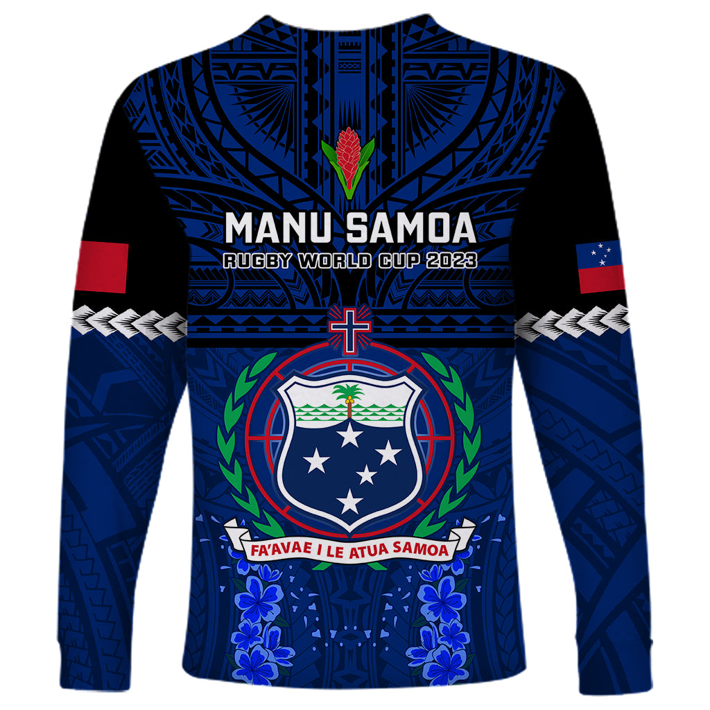 Blue Manu Samoa rugby long-sleeve shirt with World Cup 2023 text, crest, cross, red sleeve patches