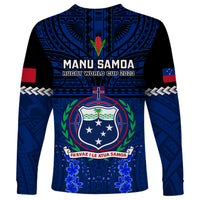 Blue Manu Samoa rugby long-sleeve shirt with World Cup 2023 text, crest, cross, red sleeve patches