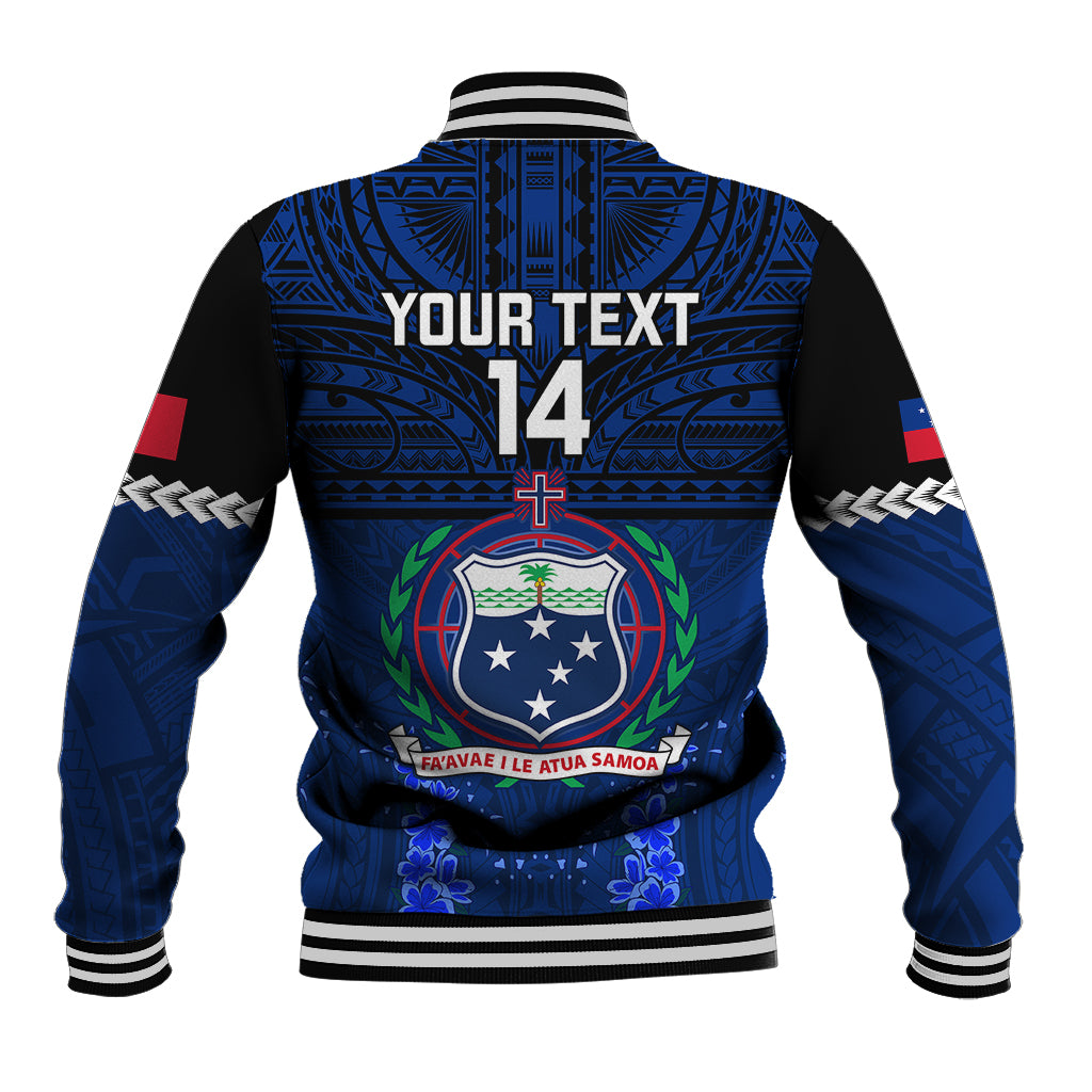 Unisex blue rugby baseball jacket back with number 14, Samoa crest and knit striped hem