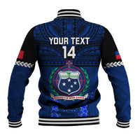 Unisex blue rugby baseball jacket back with number 14, Samoa crest and knit striped hem