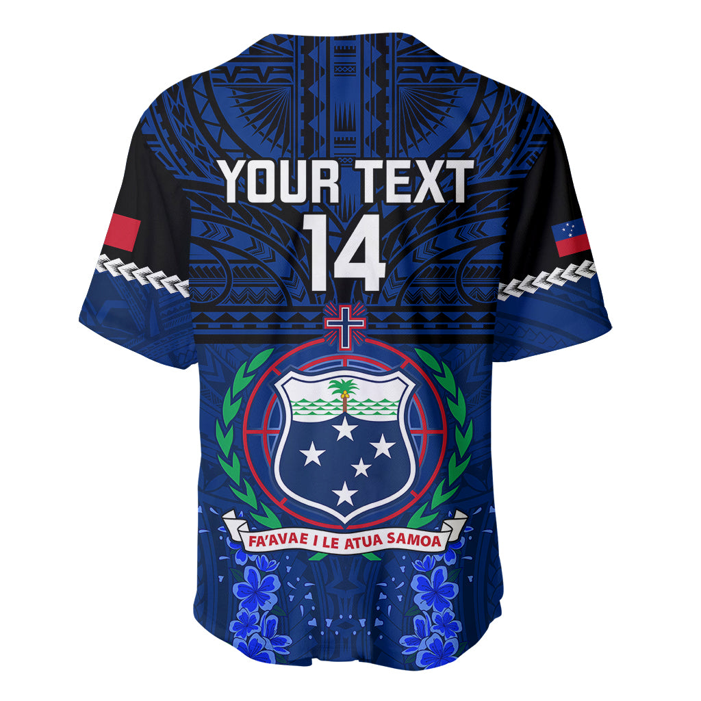 Blue rugby baseball jersey back with YOUR TEXT 14, crest front, floral hem