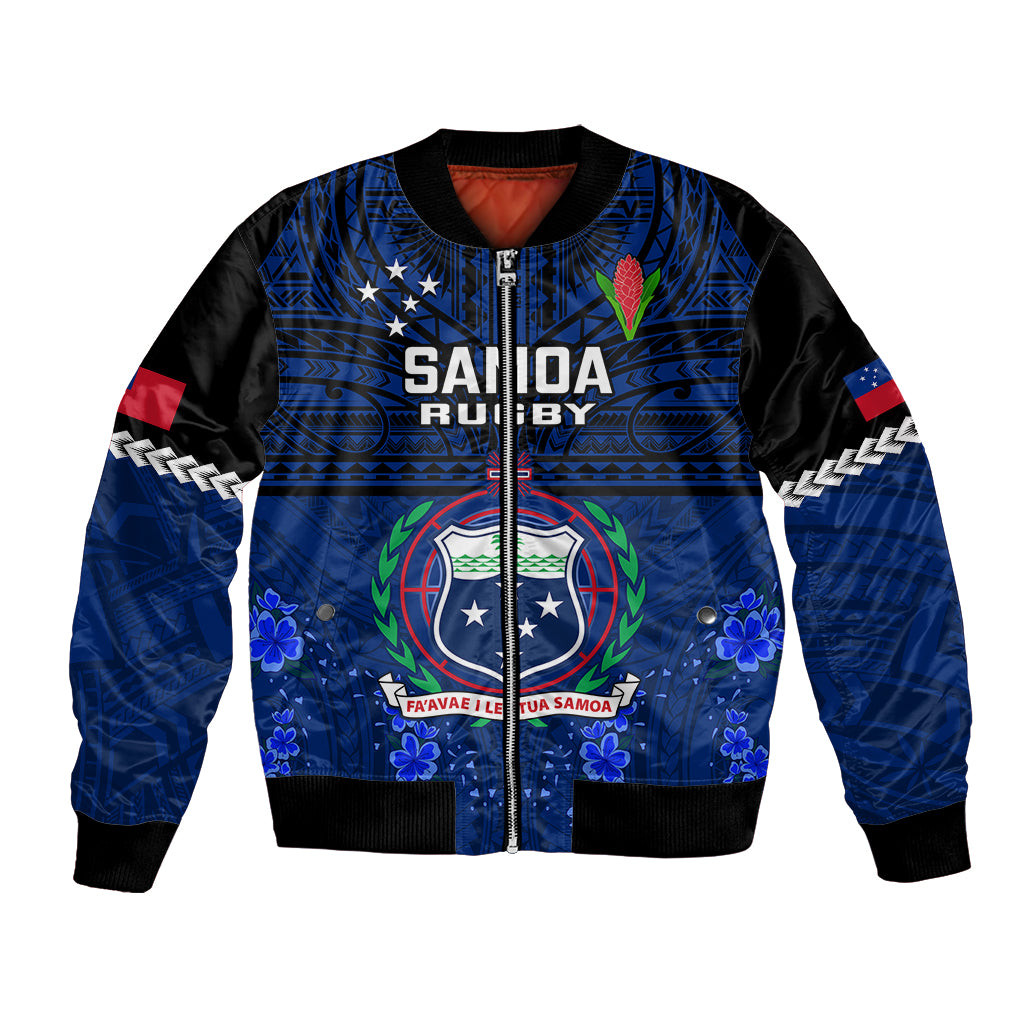 Blue unisex bomber jacket with zip front, ribbed cuffs, Samoa crest and floral print