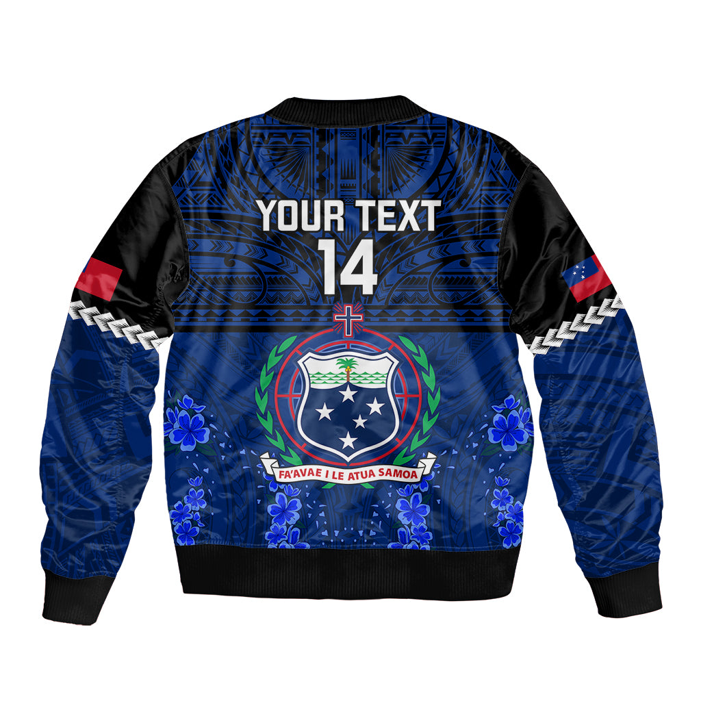 Blue bomber jacket back design with zip, 'YOUR TEXT 14' and Samoa crest emblem
