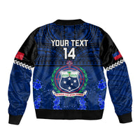 Blue bomber jacket back design with zip, 'YOUR TEXT 14' and Samoa crest emblem