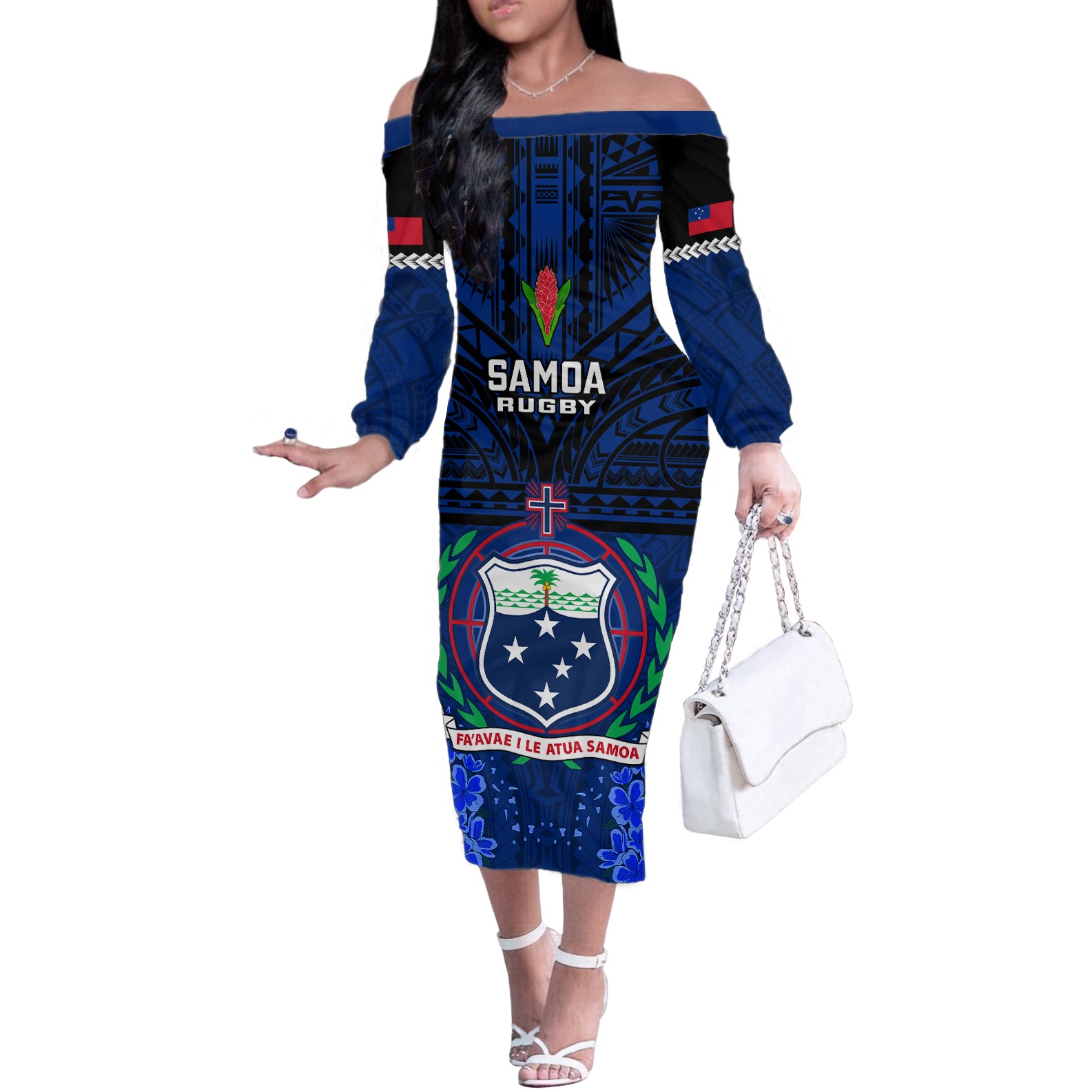 Custom Samoa Rugby Off The Shoulder Long Sleeve Dress World Cup 2023 Go Champions Manu Samoa - Wonder Print Shop