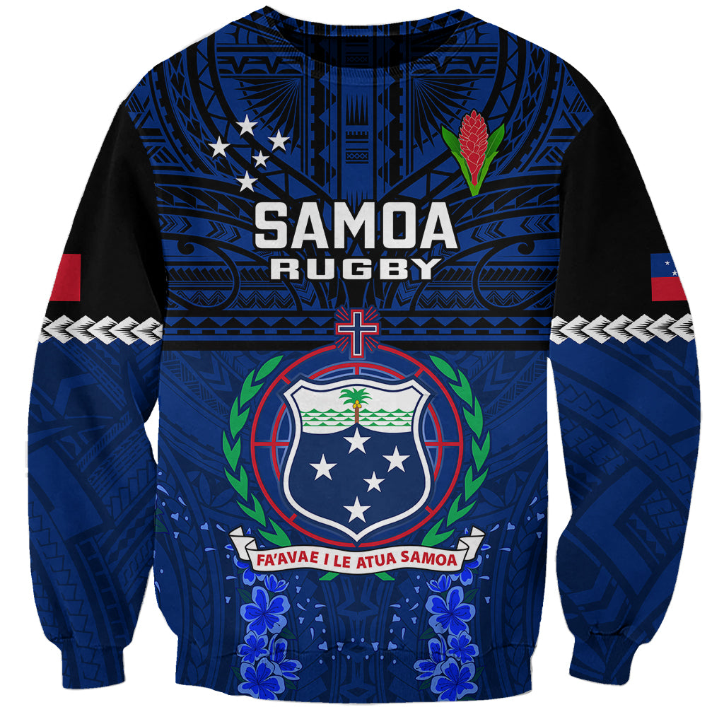 Blue rugby sweatshirt with Samoa crest, 'SAMOA RUGBY' logo, long sleeves