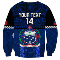 Blue rugby sweatshirt with Samoa crest, 'YOUR TEXT' and 14, long sleeves