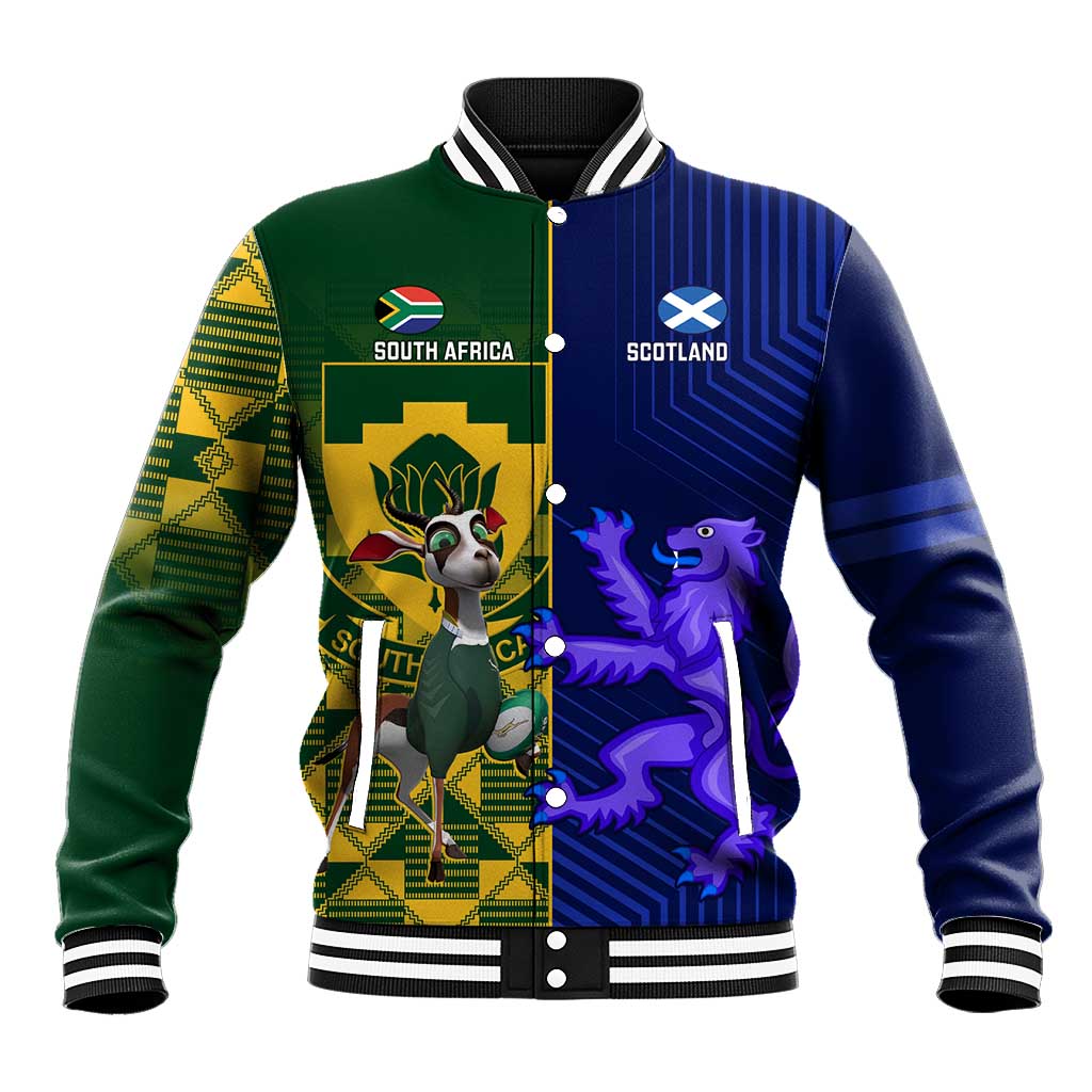 Green and blue varsity baseball jacket with button front and large country crest graphics