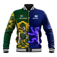 Green and blue varsity baseball jacket with button front and large country crest graphics
