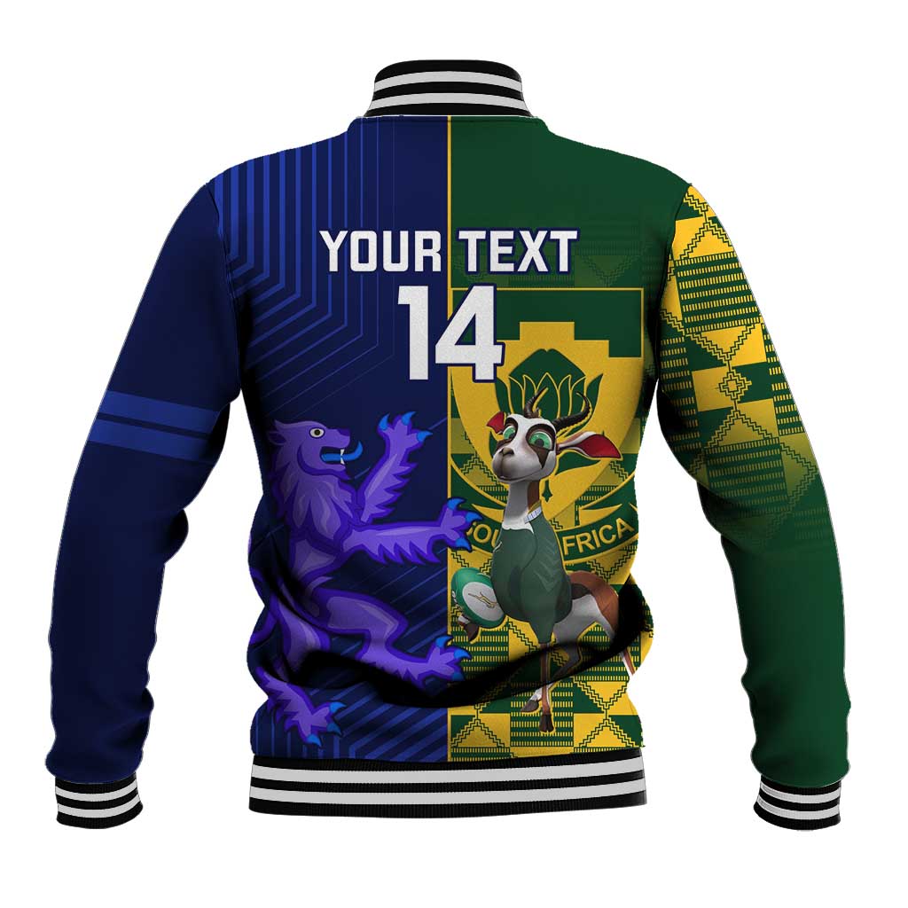 Back of green and blue varsity baseball jacket with stripes and bold 'YOUR TEXT 14' print
