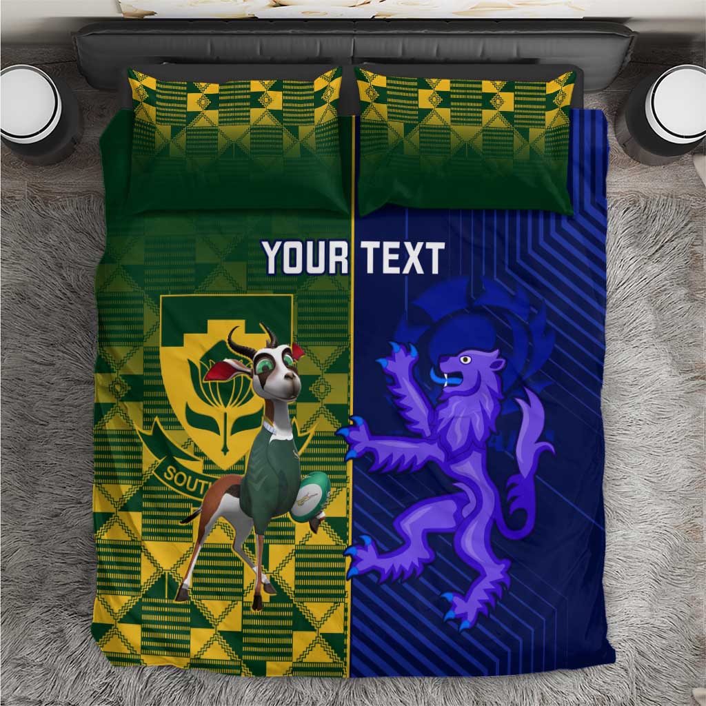 Custom bedding set with green and blue panels, mascot and purple lion graphics, Your Text.
