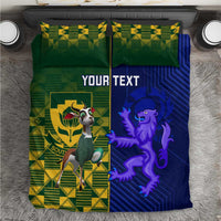 Custom bedding set with green and blue panels, mascot and purple lion graphics, Your Text.