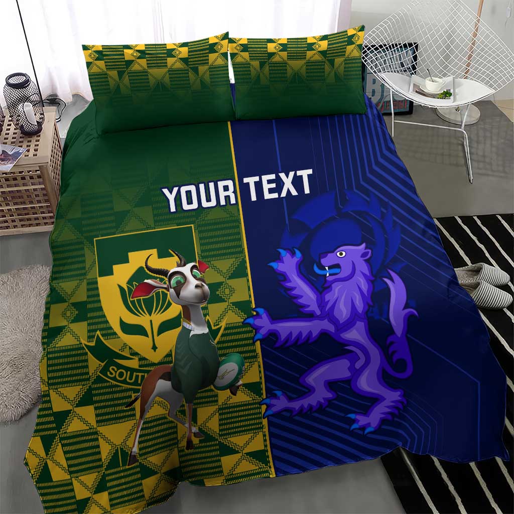 Custom bedding set with green-and-blue design, Your Text logo, mascot and purple lion print.