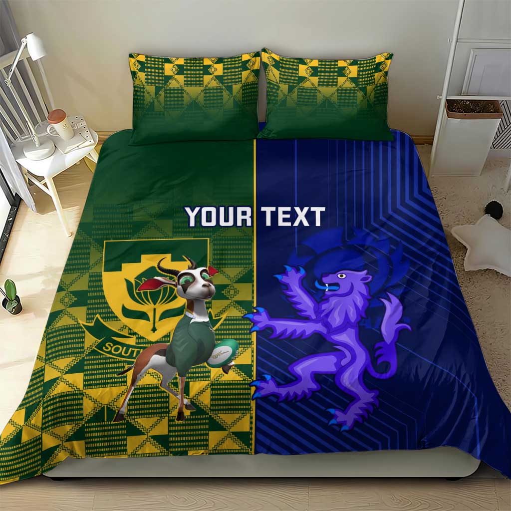 Custom bedding set featuring green and blue halves, Your Text, mascot crest and purple lion.