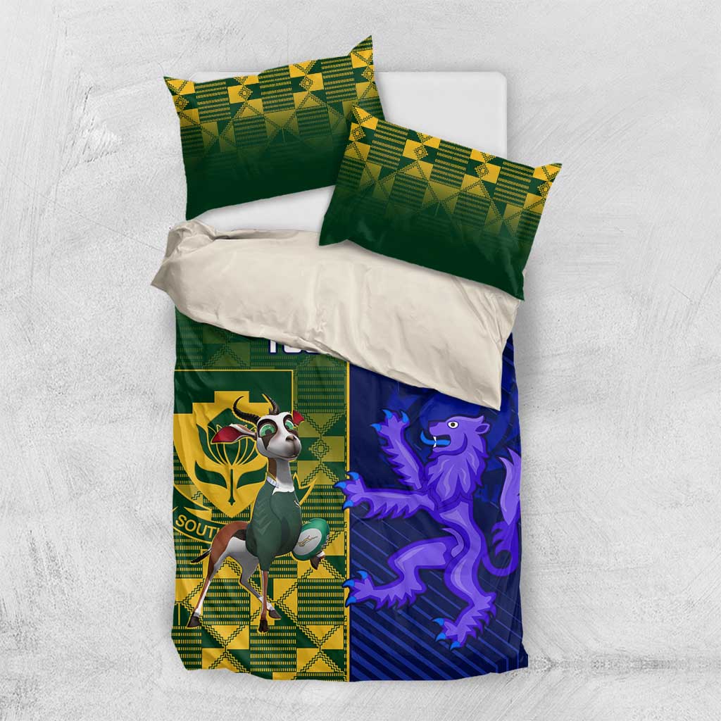 Custom bedding set laid flat: green and blue panels with mascot, purple lion, Your Text.