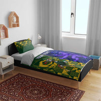 Custom duvet and pillow bedding set in green and blue with Your Text, mascot and purple lion.