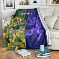 Rugby blanket: green/blue panels, lion and crest, "YOUR TEXT"