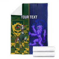 Rugby blanket set with green-and-blue sides, crest and lion, "YOUR TEXT"