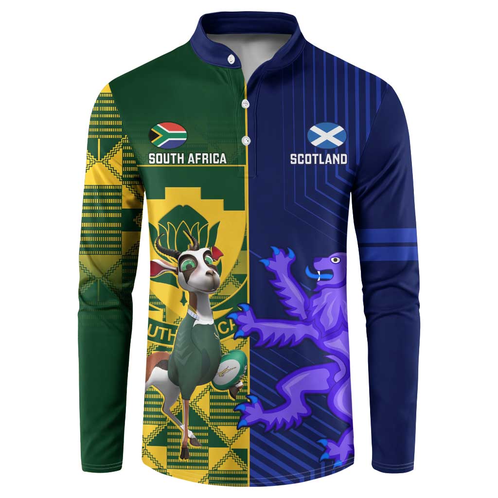 Rugby button sweatshirt with green left and blue right panels, crest and animal graphics