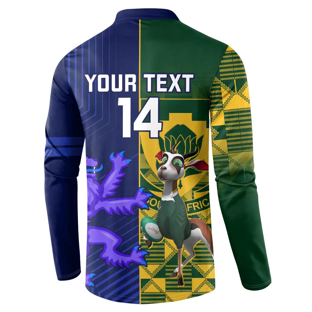 Rugby button sweatshirt back view with 'YOUR TEXT' and large 14, green/blue crest graphics