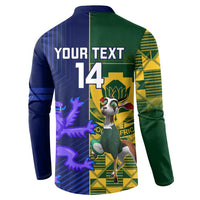 Rugby button sweatshirt back view with 'YOUR TEXT' and large 14, green/blue crest graphics