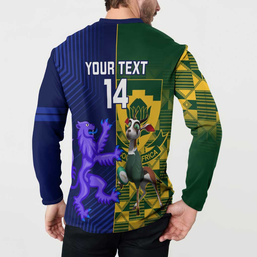 Rugby button sweatshirt back view on model, 'YOUR TEXT 14' over green and blue panels