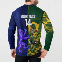 Rugby button sweatshirt back view on model, 'YOUR TEXT 14' over green and blue panels