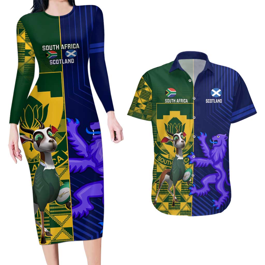 Custom South Africa And Scotland Rugby Couples Matching Long Sleeve Bodycon Dress and Hawaiian Shirt Springboks Thistle Together - Wonder Print Shop