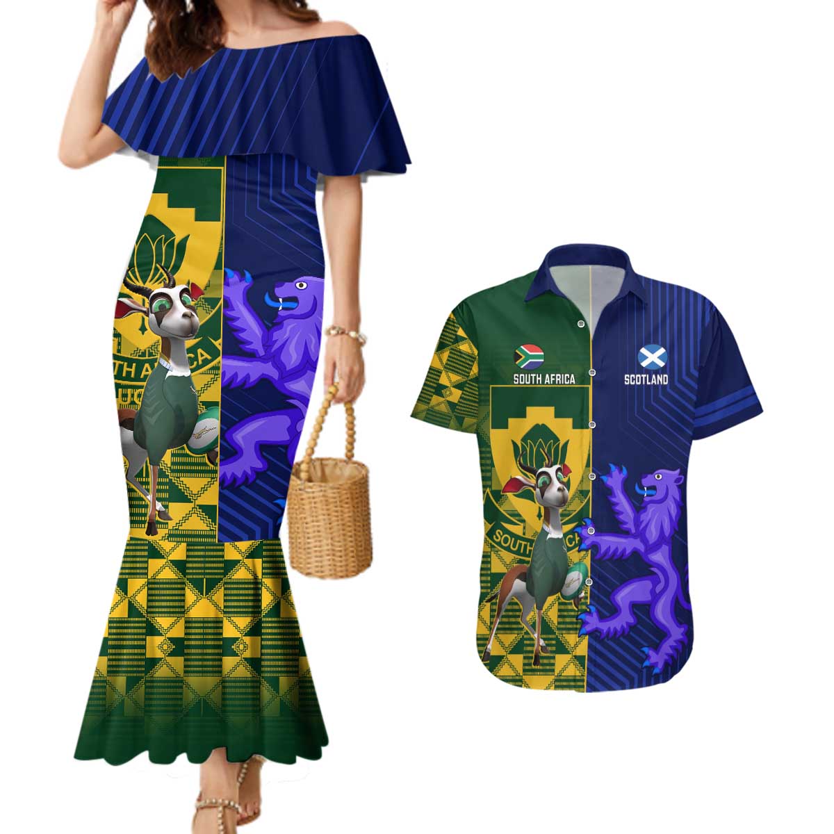 Custom South Africa And Scotland Rugby Couples Matching Mermaid Dress and Hawaiian Shirt Springboks Thistle Together - Wonder Print Shop