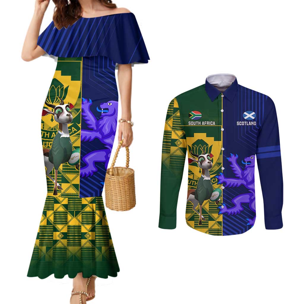 Custom South Africa And Scotland Rugby Couples Matching Mermaid Dress and Long Sleeve Button Shirt Springboks Thistle Together