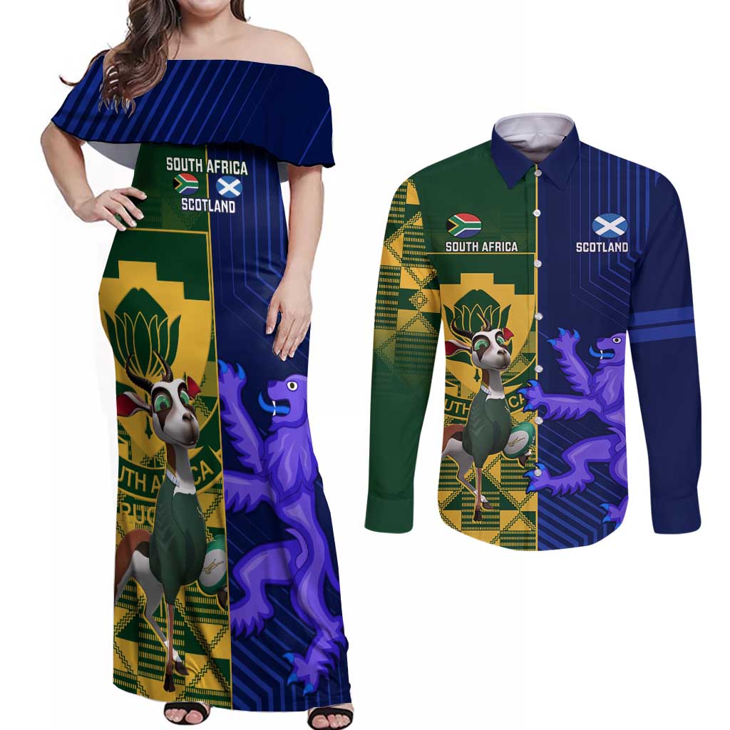 Custom South Africa And Scotland Rugby Couples Matching Off Shoulder Maxi Dress and Long Sleeve Button Shirt Springboks Thistle Together - Wonder Print Shop