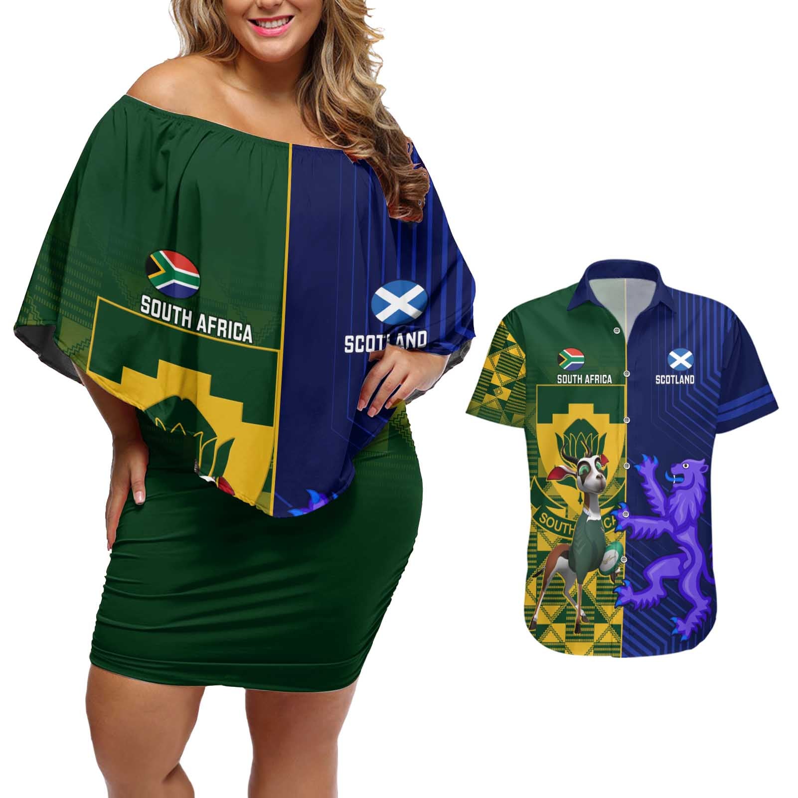 Custom South Africa And Scotland Rugby Couples Matching Off Shoulder Short Dress and Hawaiian Shirt Springboks Thistle Together - Wonder Print Shop