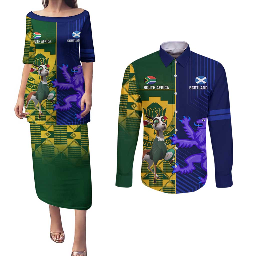 Custom South Africa And Scotland Rugby Couples Matching Puletasi and Long Sleeve Button Shirt Springboks Thistle Together - Wonder Print Shop