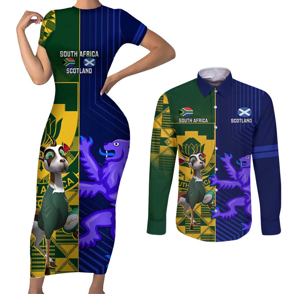 Custom South Africa And Scotland Rugby Couples Matching Short Sleeve Bodycon Dress and Long Sleeve Button Shirt Springboks Thistle Together - Wonder Print Shop