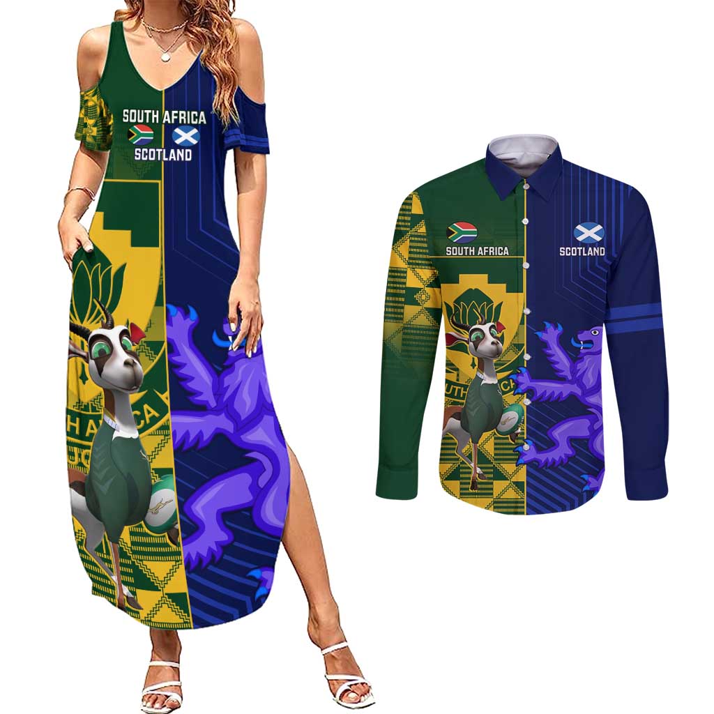 Custom South Africa And Scotland Rugby Couples Matching Summer Maxi Dress and Long Sleeve Button Shirt Springboks Thistle Together - Wonder Print Shop