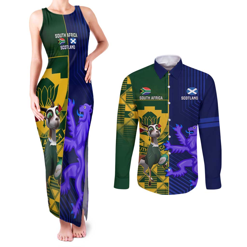 Custom South Africa And Scotland Rugby Couples Matching Tank Maxi Dress and Long Sleeve Button Shirt Springboks Thistle Together - Wonder Print Shop