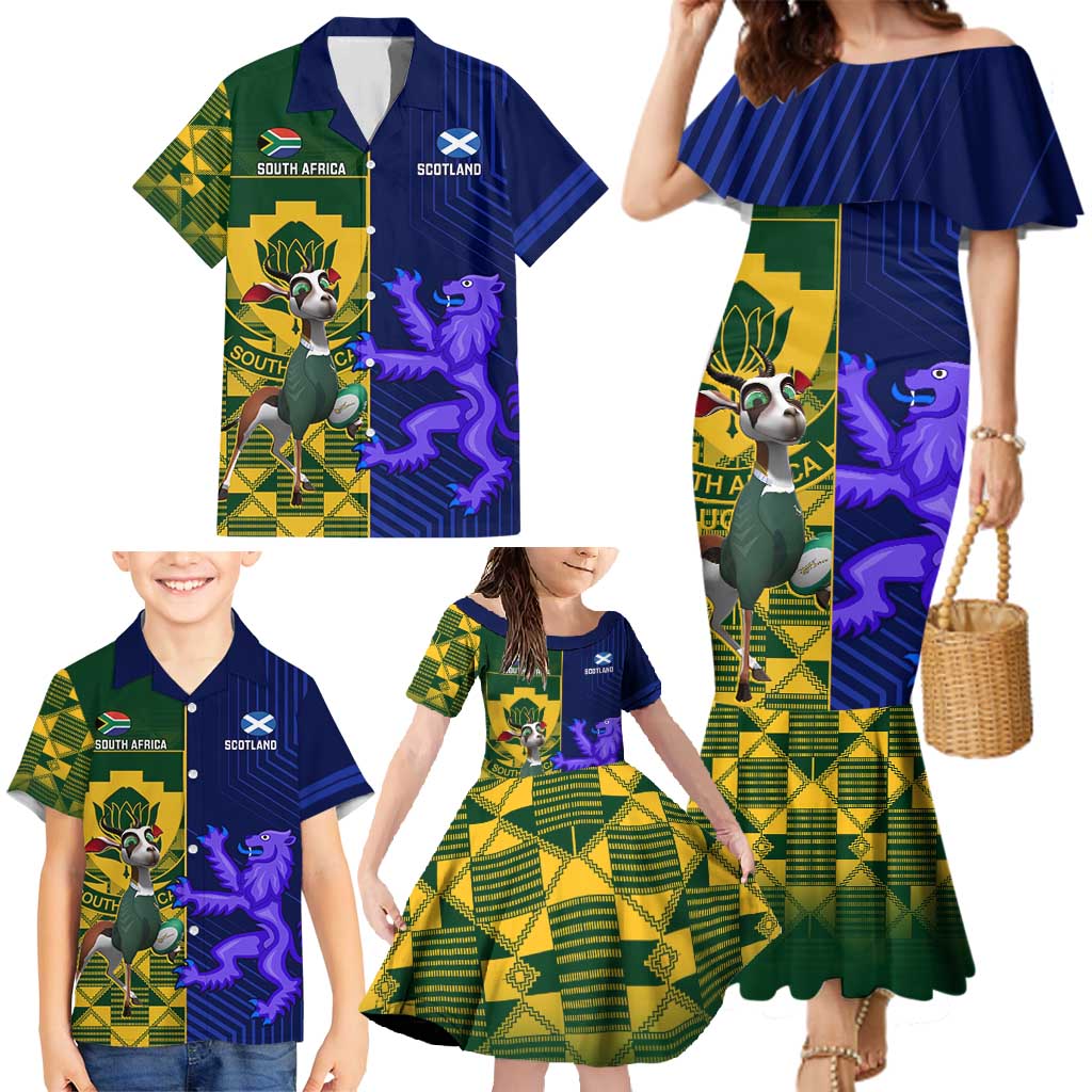 Custom South Africa And Scotland Rugby Family Matching Mermaid Dress and Hawaiian Shirt Springboks Thistle Together - Wonder Print Shop