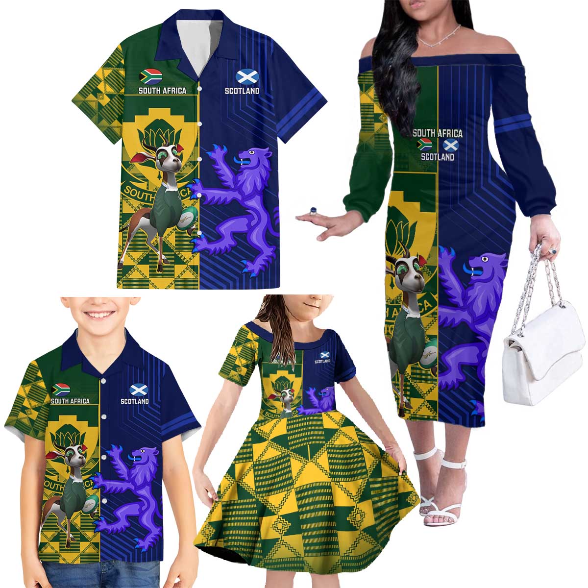 Custom South Africa And Scotland Rugby Family Matching Off The Shoulder Long Sleeve Dress and Hawaiian Shirt Springboks Thistle Together - Wonder Print Shop