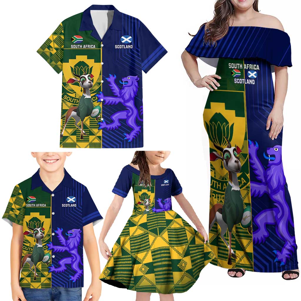 Custom South Africa And Scotland Rugby Family Matching Off Shoulder Maxi Dress and Hawaiian Shirt Springboks Thistle Together - Wonder Print Shop