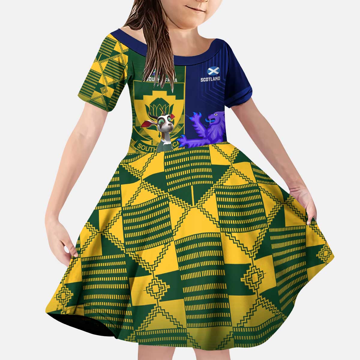 Custom South Africa And Scotland Rugby Kid Short Sleeve Dress Springboks Thistle Together - Wonder Print Shop