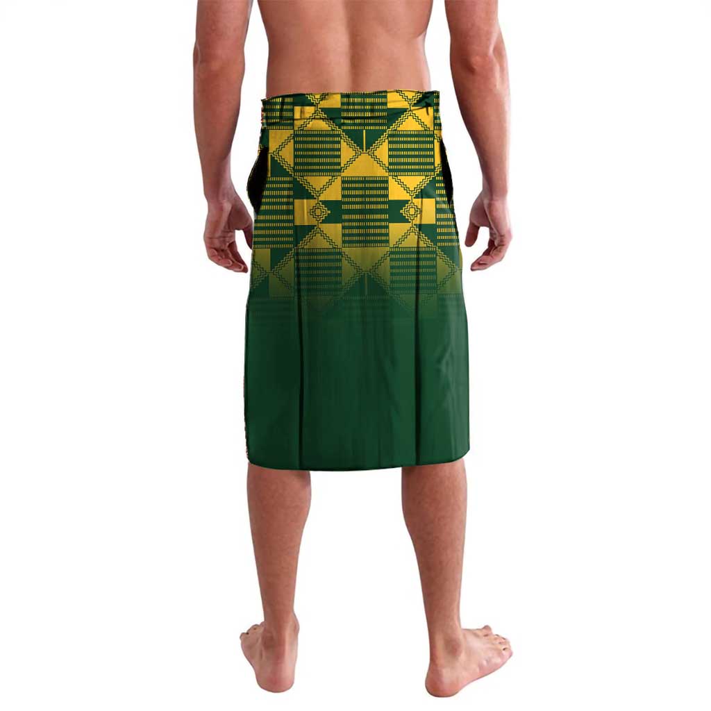 Green rugby lavalava shorts with yellow geometric pattern at waistband and back panel