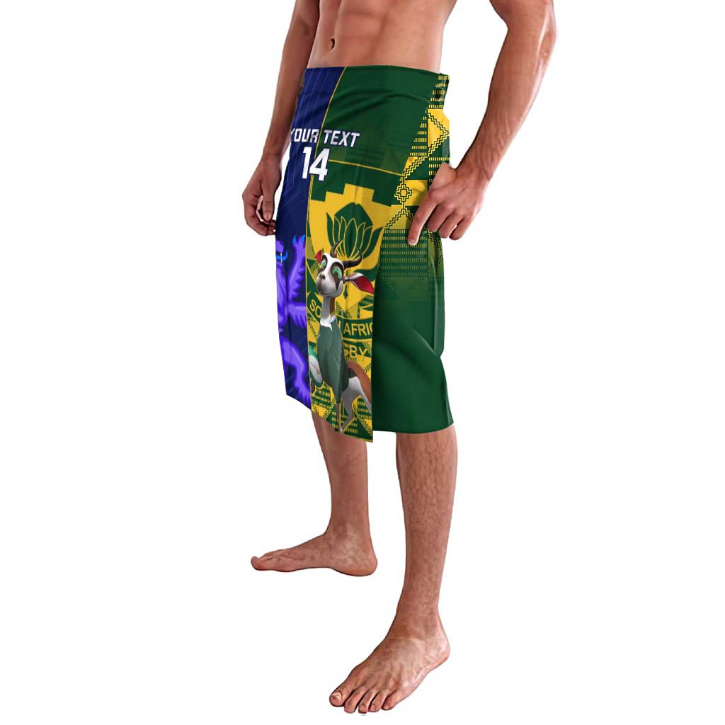 Green and blue rugby lavalava shorts with bold '14' graphic and side crest