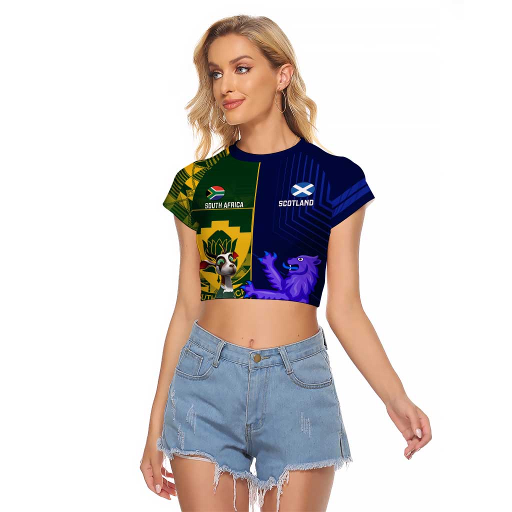 Custom South Africa And Scotland Rugby Raglan Cropped T Shirt Springboks Thistle Together