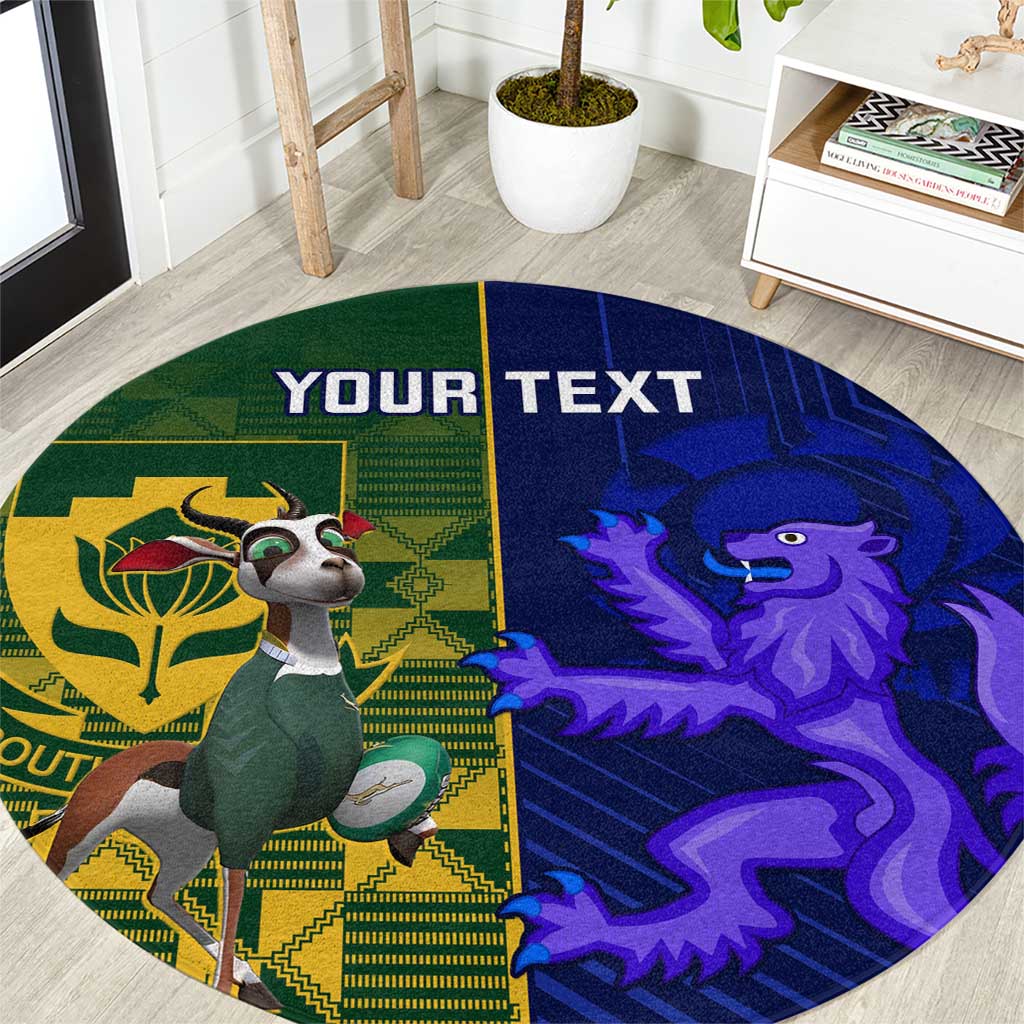 Round rug: green/blue rugby crests with custom text, circular design