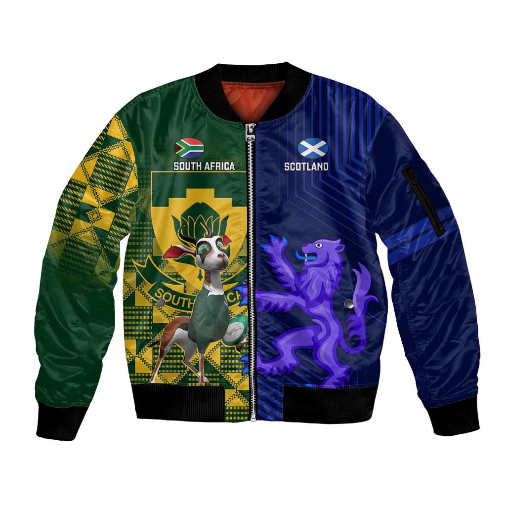 Custom South Africa And Scotland Rugby Sleeve Zip Bomber Jacket Springboks Thistle Together